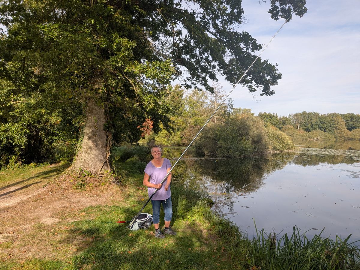 Hengelaarster aan de vijver onder een grote boom