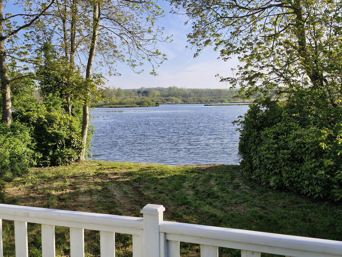 Vue sur l'étang depuis la terrasse d'un mobil-home