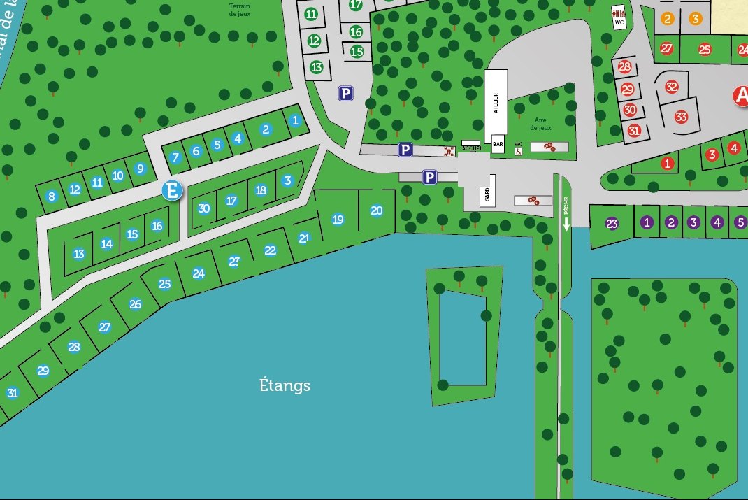 Plattegrond van het domein: ligging van de huurstacaravans aan de vijver